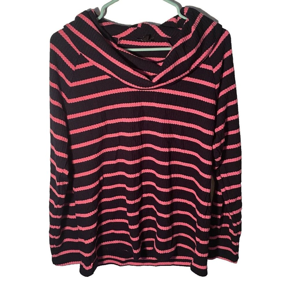 Talbots Women's Cowl Neck Pullover Top Large Navy Blue w/ Pink Stripes